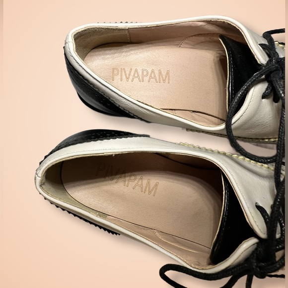 PIVAPAM Black and Beige(Pearl) 2-Toned Wing tip Brogue Oxford Saddle Shoes Sz 7 - Picture 6 of 9